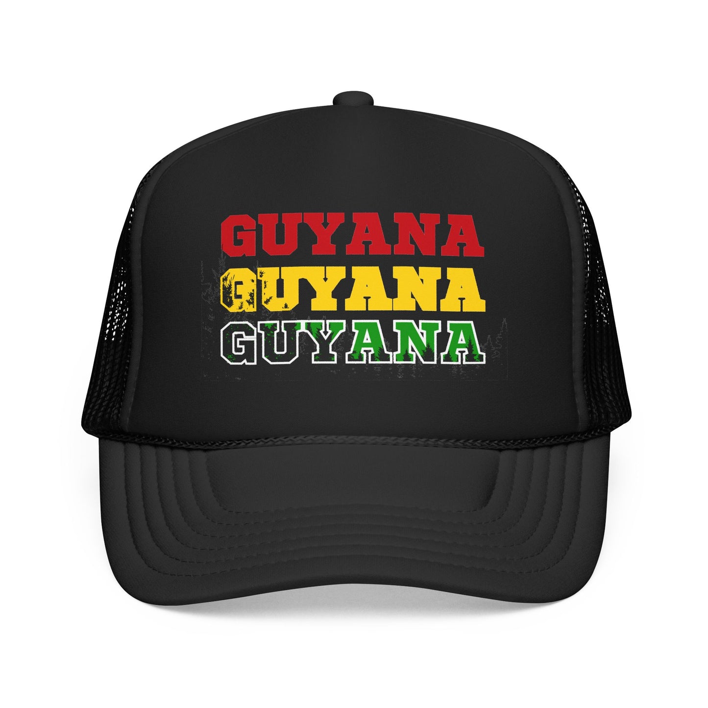Guyana Retro Trucker Hat — Distressed Red Yellow Green Text Cap
