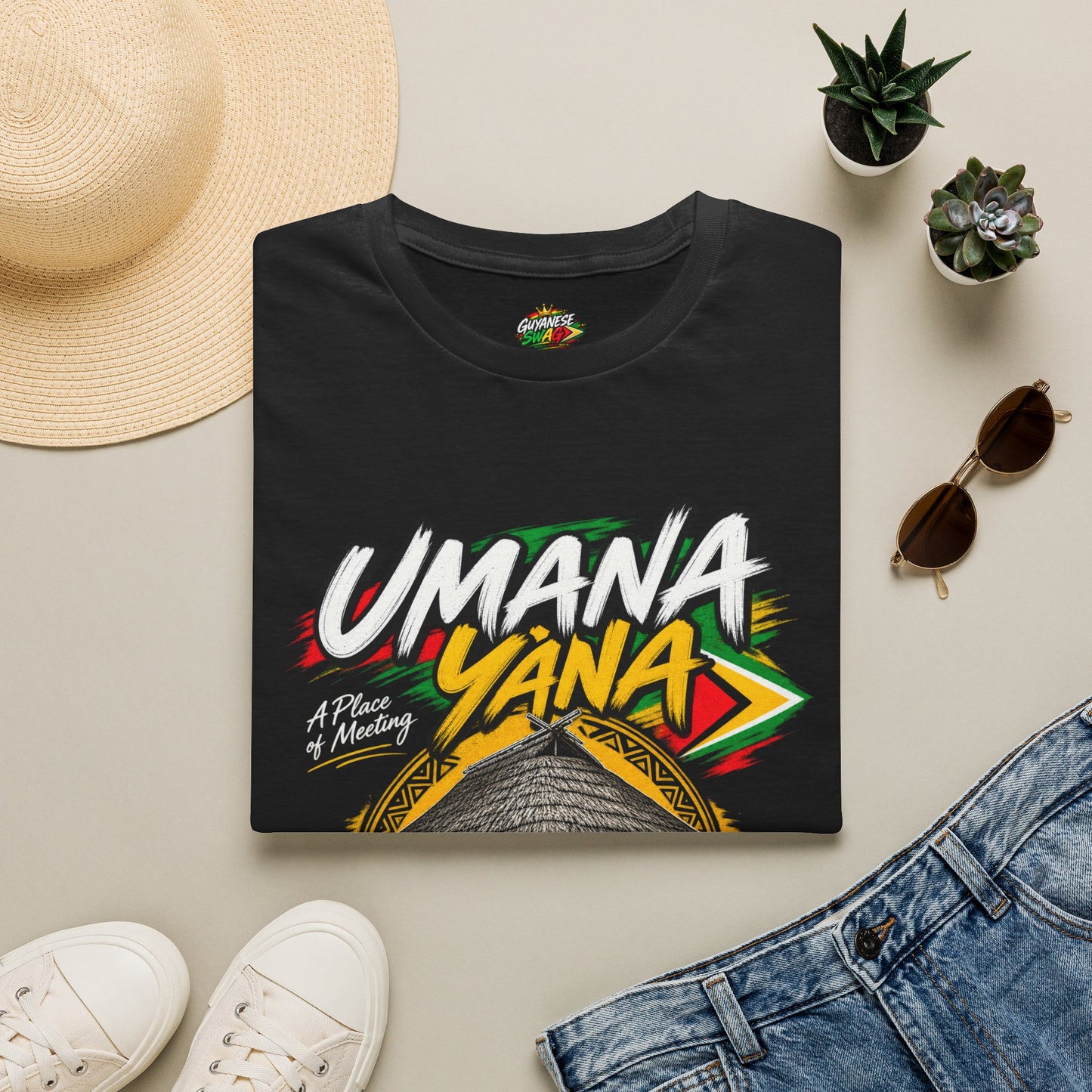 Umana Yana T-Shirt — Guyana Traditional Hut Design, "A Place of Meeting"