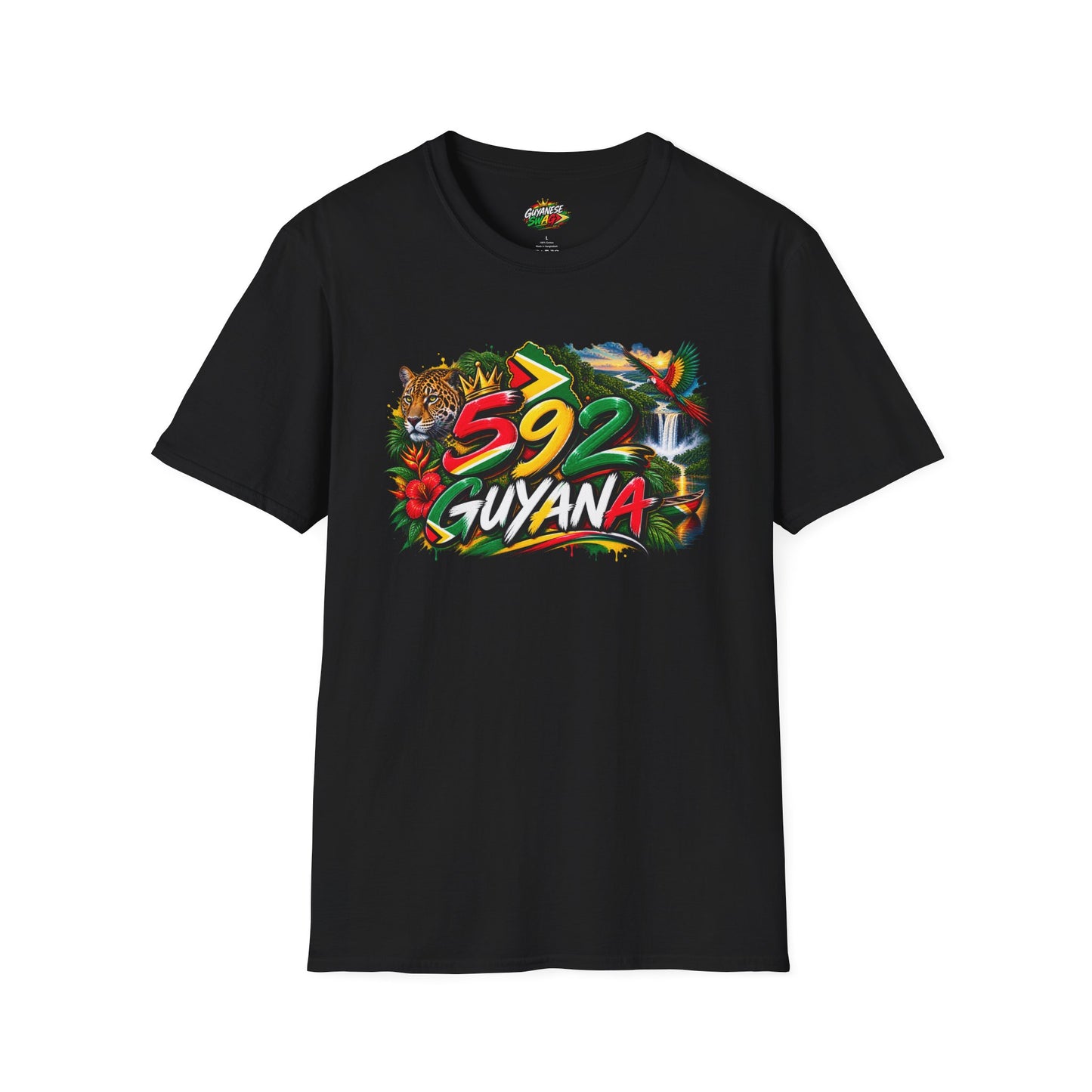 Guyana 592 Tropical Graphic T-Shirt – Tiger, Waterfall & Floral Island Pride
