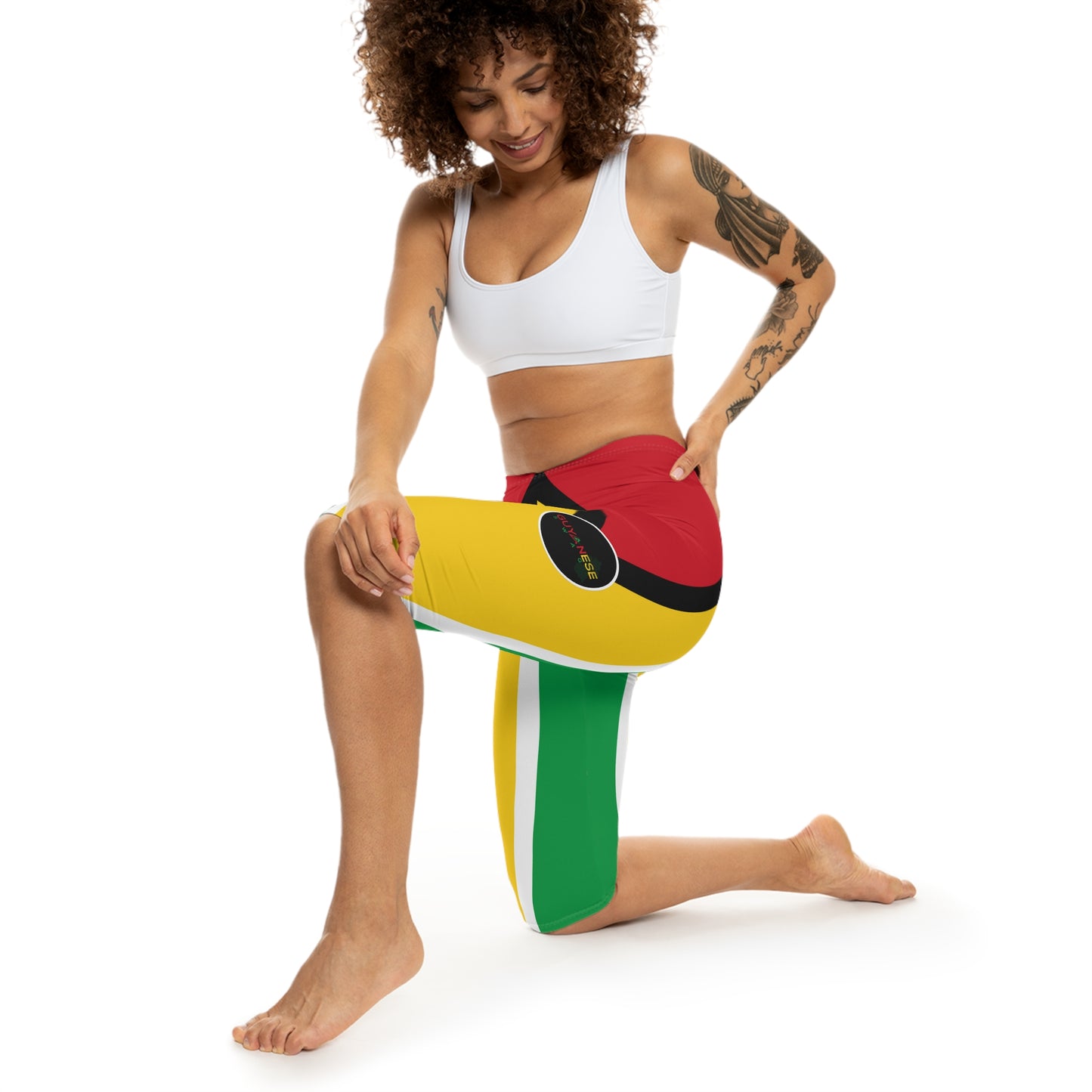 Guyana Flag Capri Leggings – Vibrant Red, Yellow & Green AOP Athletic Crop