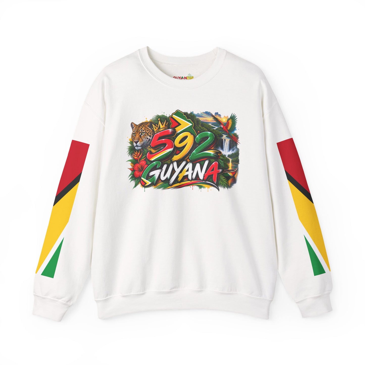 Guyana 592 Crewneck Sweatshirt – Tropical Jaguar & Flag Sleeve Design