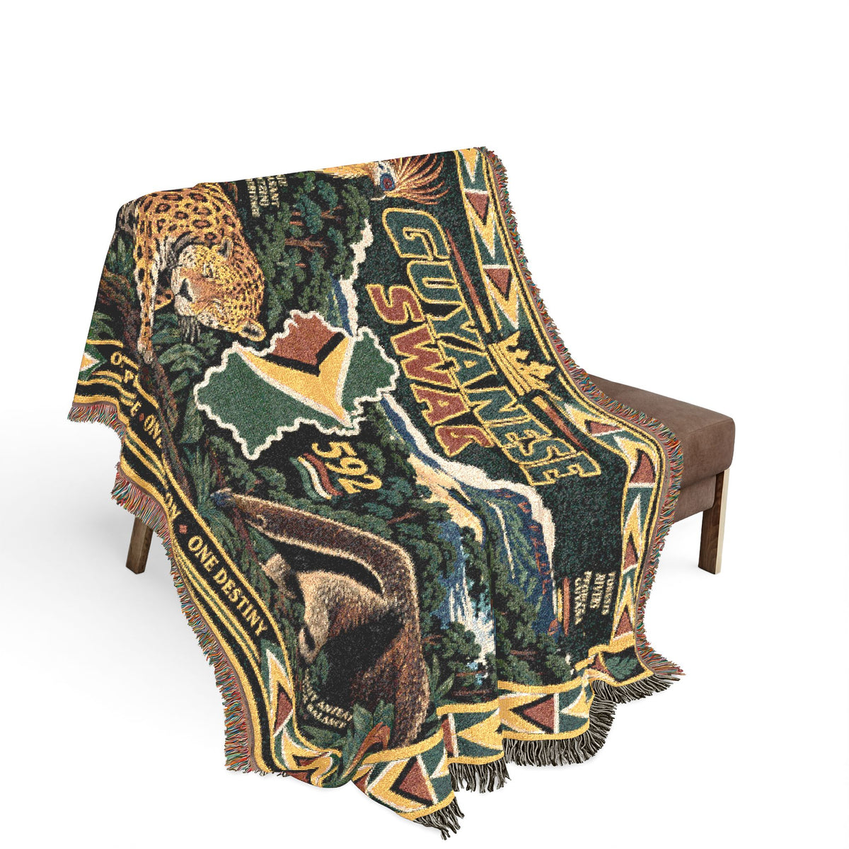 Guyana wildlife woven throw blanket styled in home decor