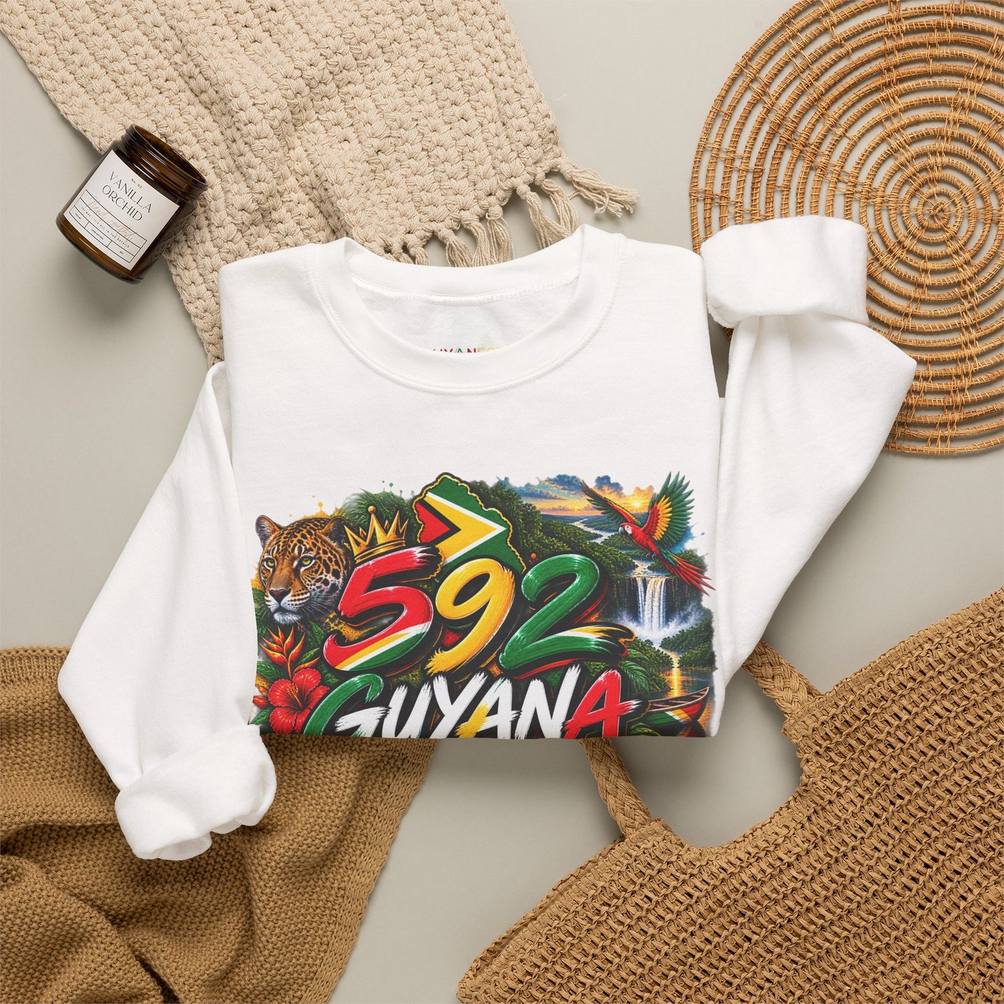 Guyana 592 Crewneck Sweatshirt – Tropical Jaguar & Flag Sleeve Design