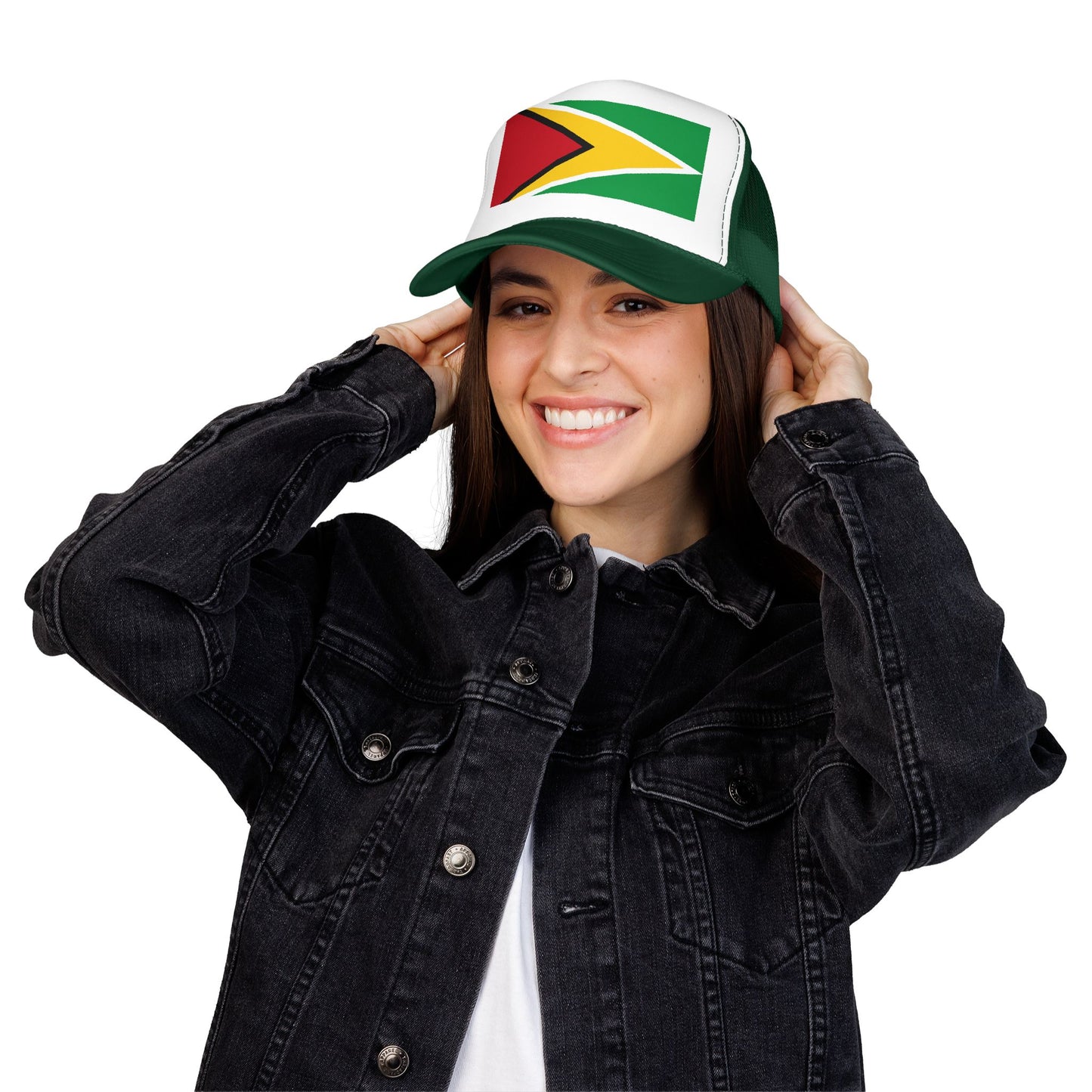 Guyana Flag Trucker Hat — Foam Mesh Cap with Retro Distressed Flag Design