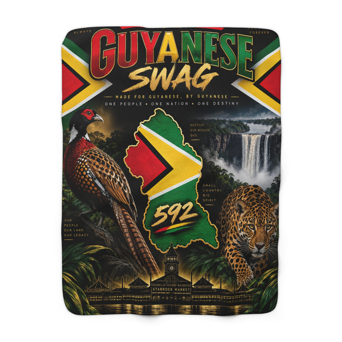 Guyana 592 Sherpa fleece blanket with jaguar and rainforest design