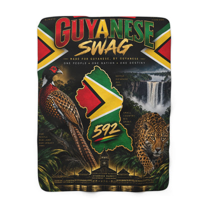 Guyana 592 Sherpa fleece blanket with jaguar and rainforest design