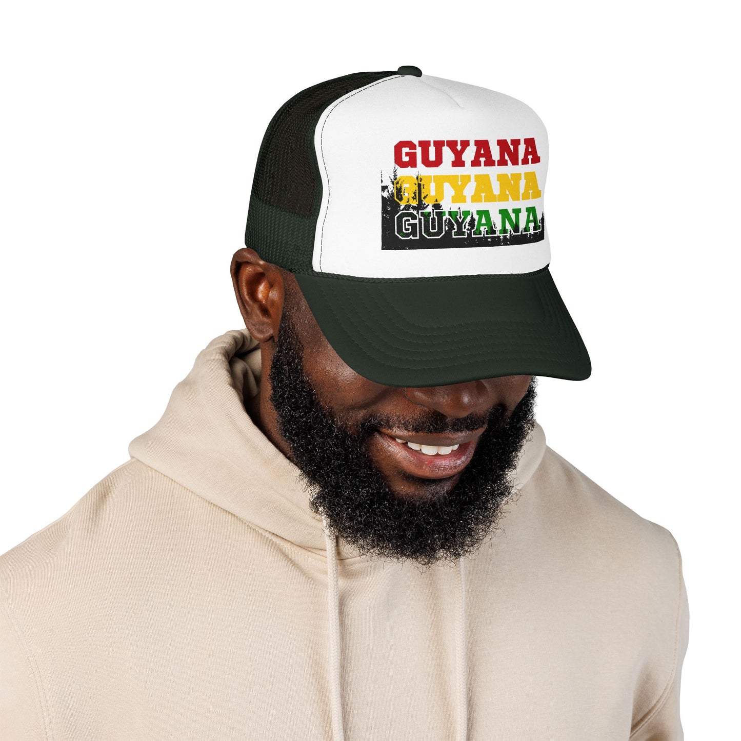 Guyana Retro Trucker Hat — Distressed Red Yellow Green Text Cap