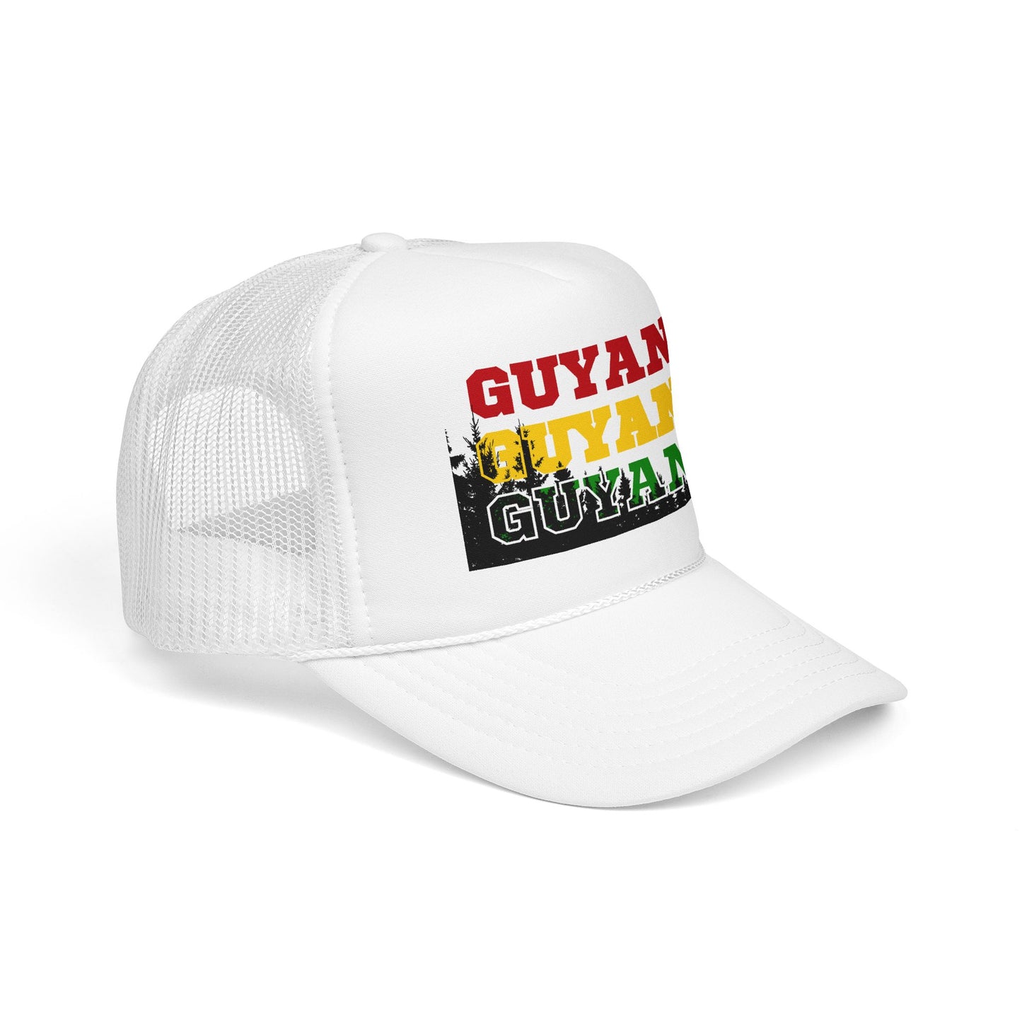 Guyana Retro Trucker Hat — Distressed Red Yellow Green Text Cap