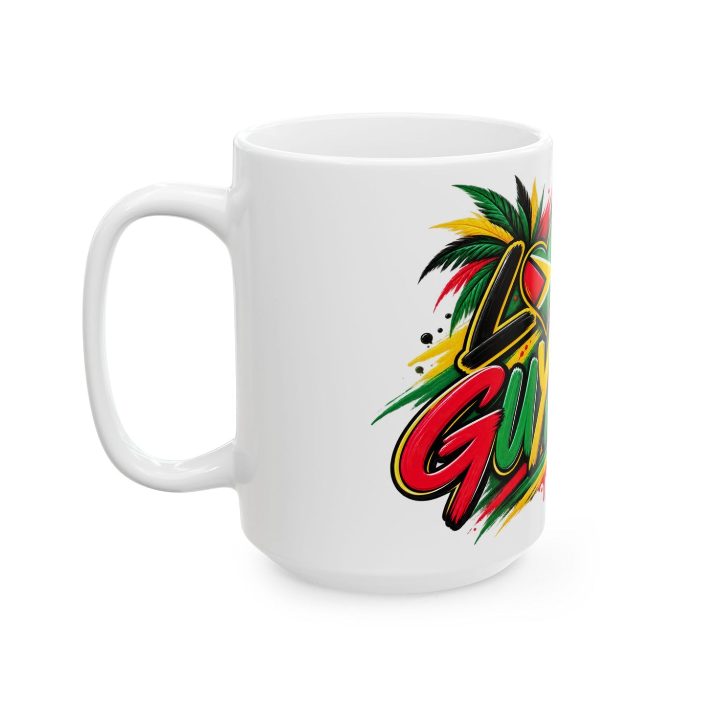 Love Guyana Ceramic Mug – Colorful Guyanese Flag Heart Coffee Cup (11oz, 15oz)