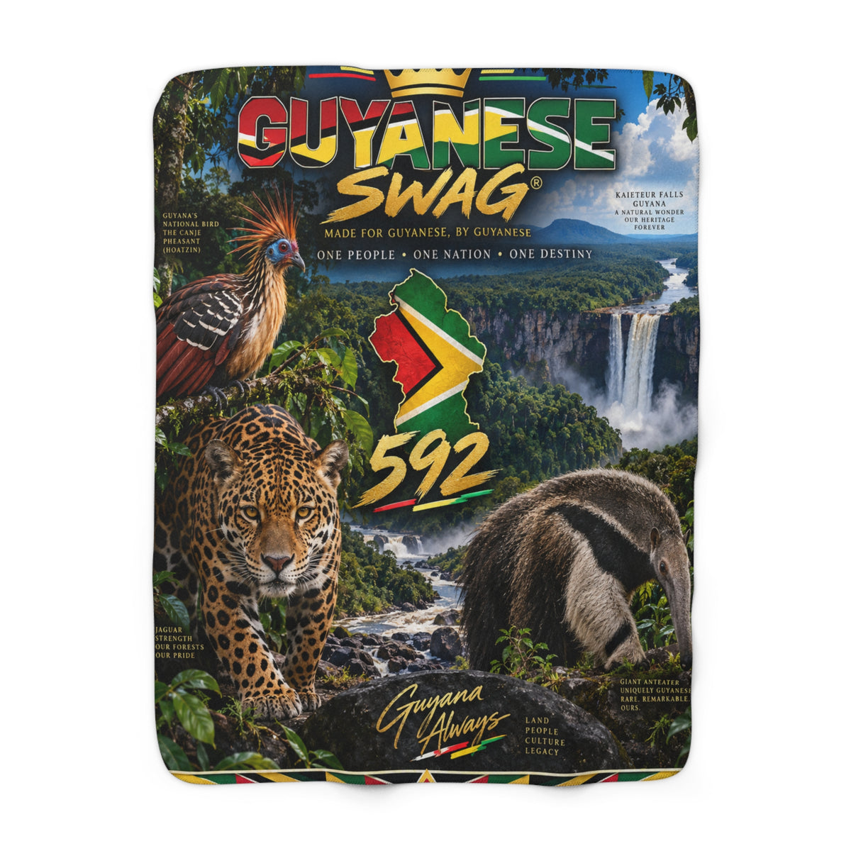 Guyanese 592 Sherpa fleece blanket with Guyana wildlife artwork