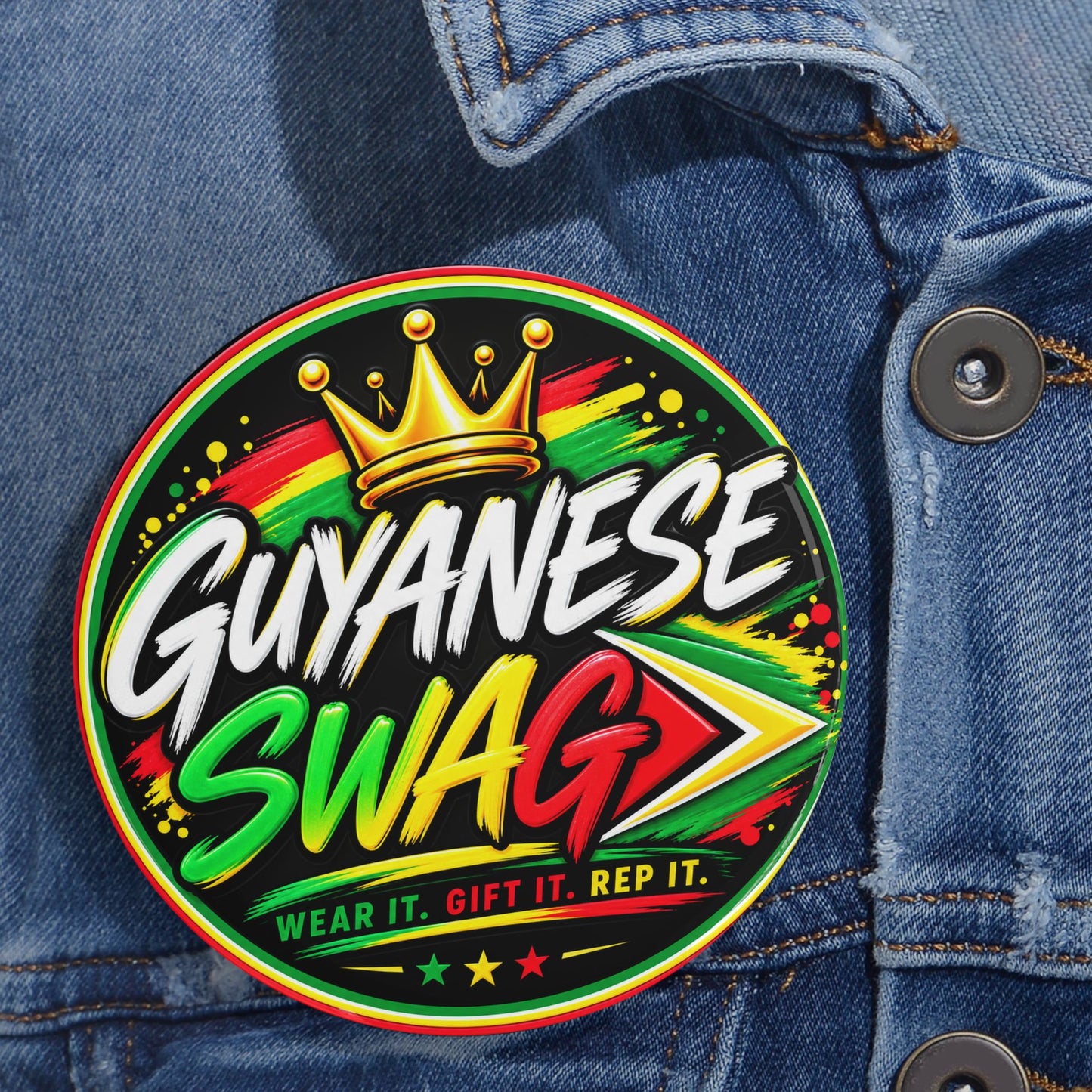 Guyanese Swag Round Pin – Bold Flag Colors & Crown Button Badge