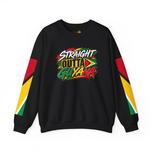 Guyanese Swag Crewneck Sweatshirt “Straight Outta Guyana” Graphic with Flag Sleeve Accents