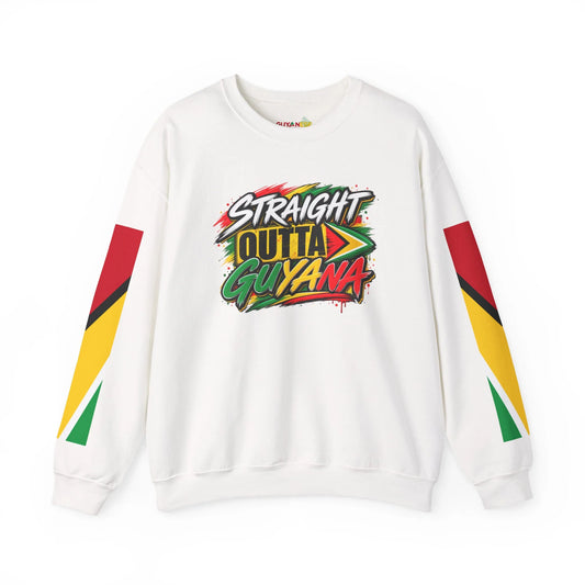 Guyanese Swag Crewneck Sweatshirt “Straight Outta Guyana” Graphic with Flag Sleeve Accents