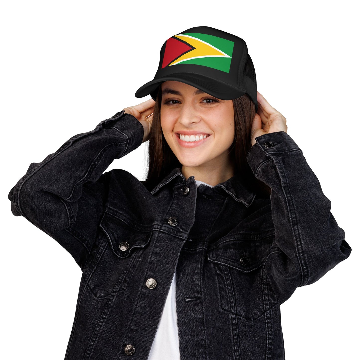 Guyana Flag Trucker Hat — Foam Mesh Cap with Retro Distressed Flag Design