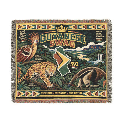 Guyanese woven blanket with jaguar birds and tropical foliage