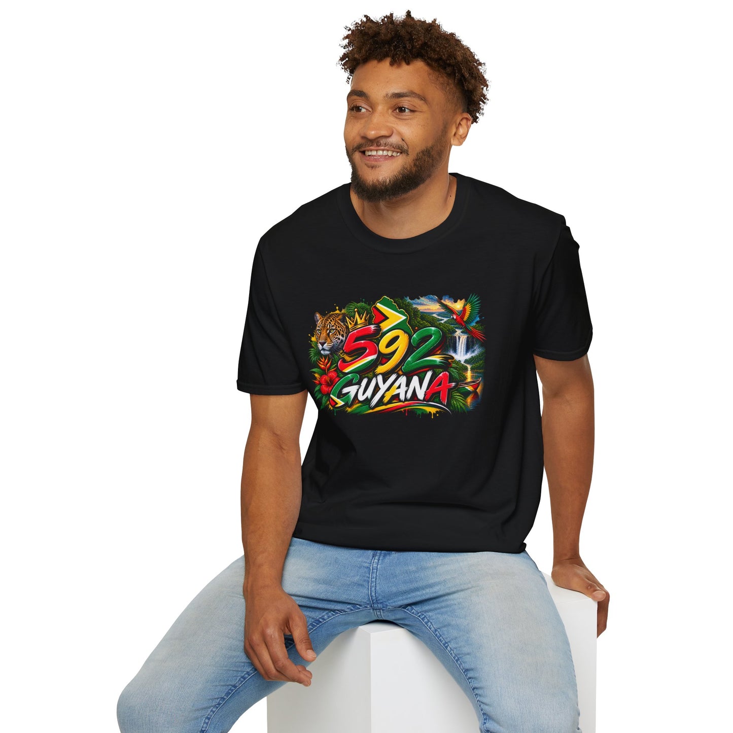 Guyana 592 Tropical Graphic T-Shirt – Tiger, Waterfall & Floral Island Pride