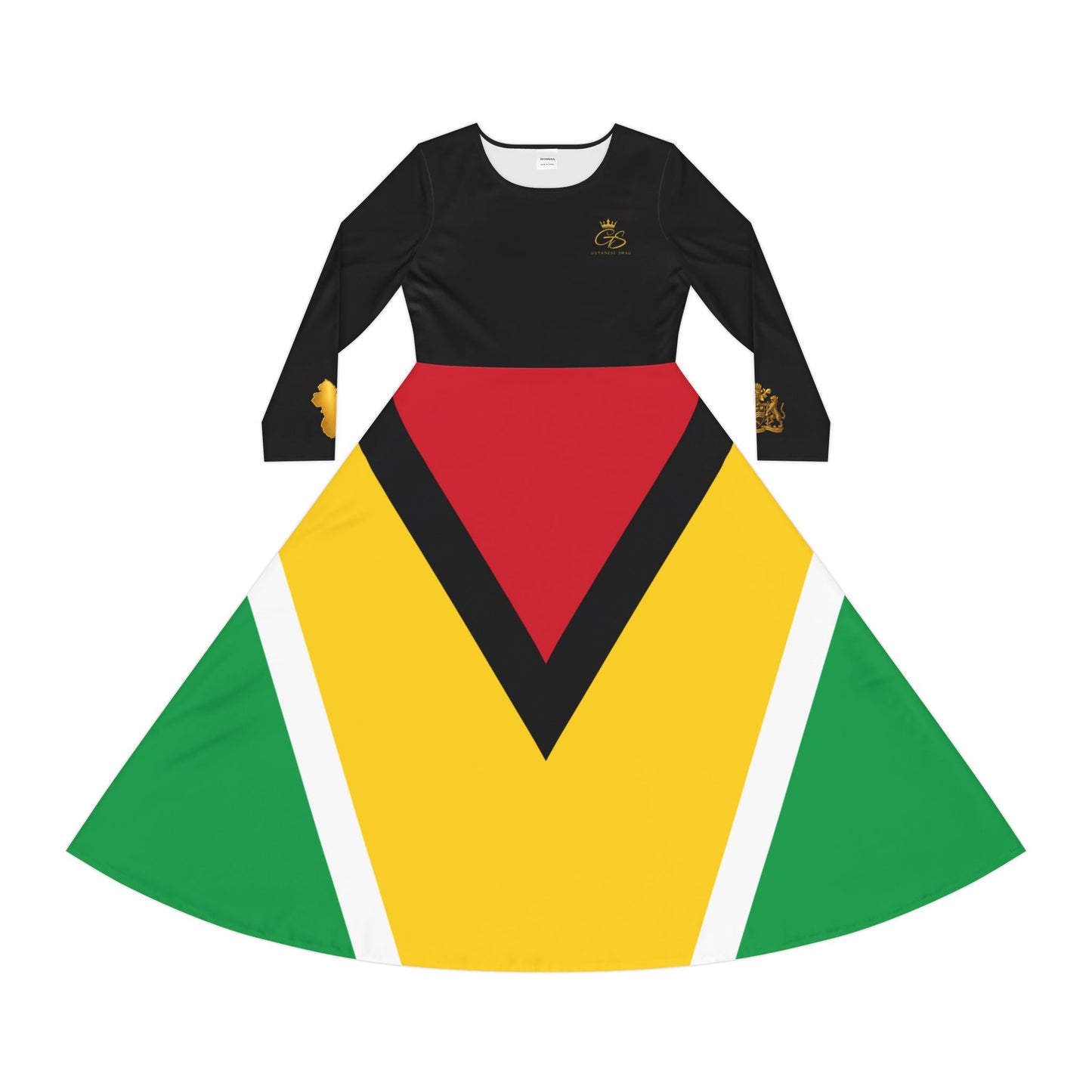 Guyana Flag Maxi Dress with Gold Coat of Arms & Guyana Map Sleeve Details