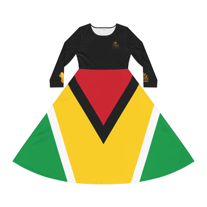 Guyana Flag Maxi Dress with Gold Coat of Arms & Guyana Map Sleeve Details