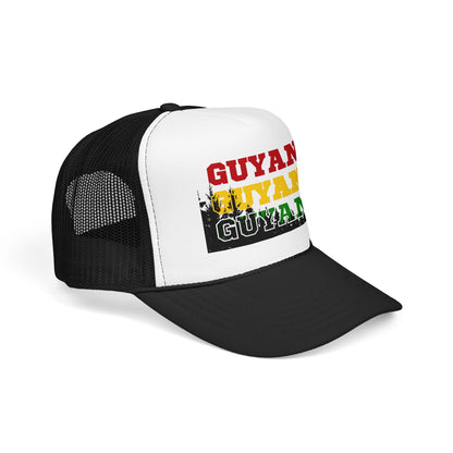 Guyana Retro Trucker Hat — Distressed Red Yellow Green Text Cap