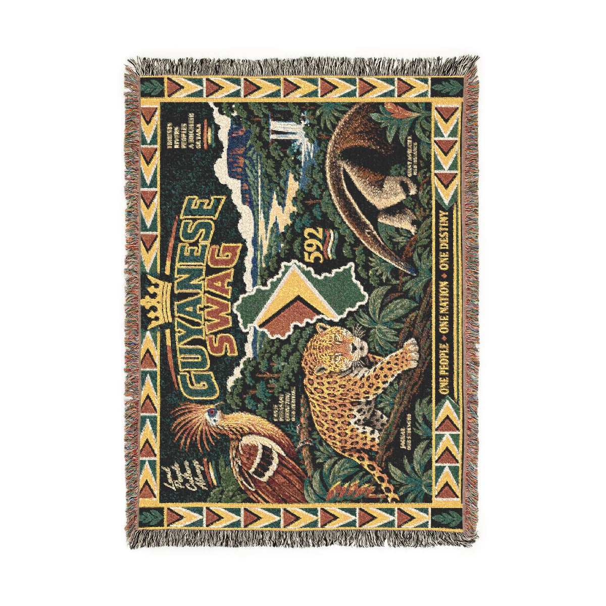Guyana woven tapestry blanket with jaguar and map design