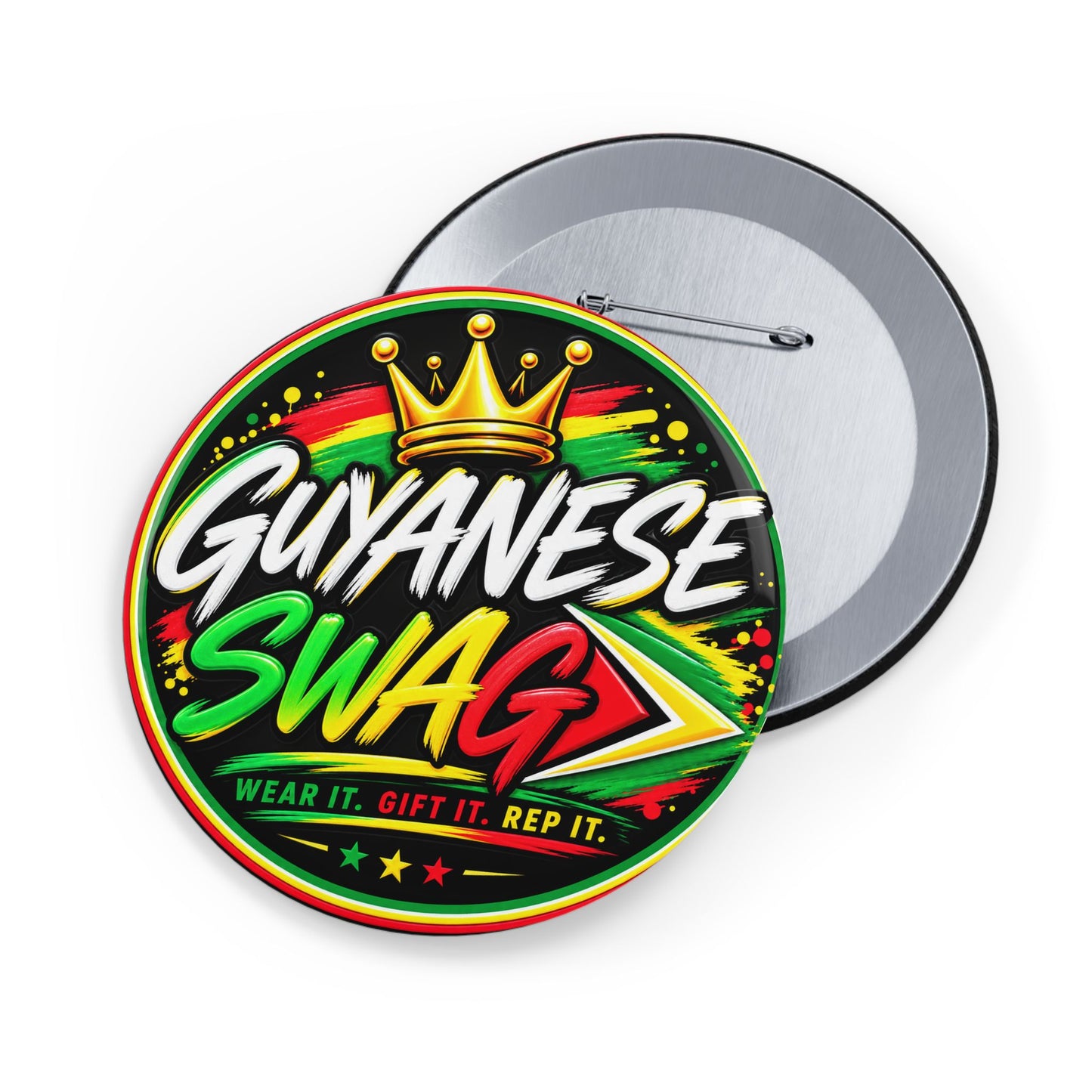 Guyanese Swag Round Pin – Bold Flag Colors & Crown Button Badge