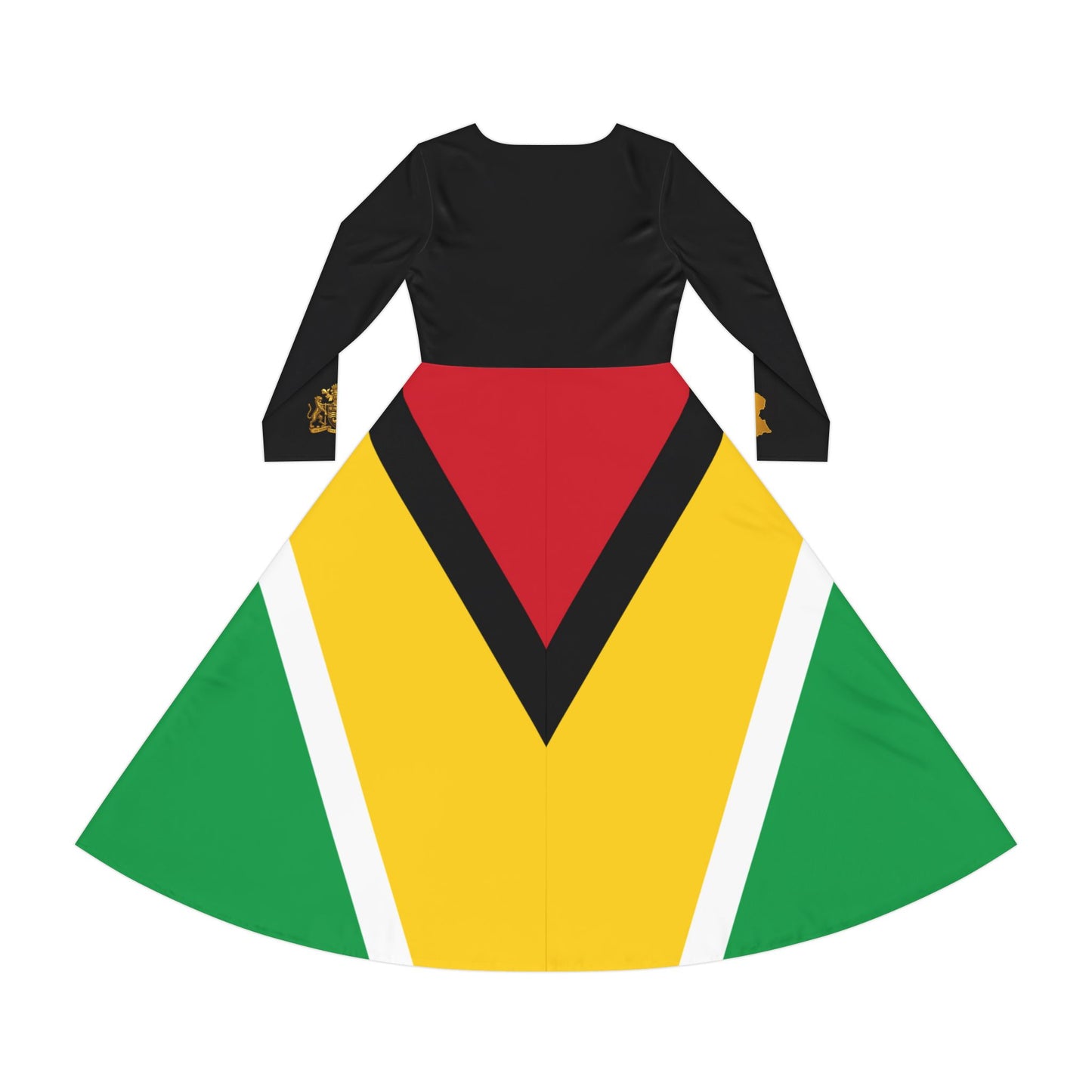 Guyana Flag Maxi Dress with Gold Coat of Arms & Guyana Map Sleeve Details