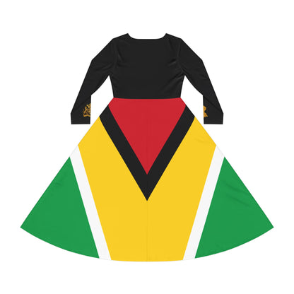 Guyana Flag Maxi Dress with Gold Coat of Arms & Guyana Map Sleeve Details