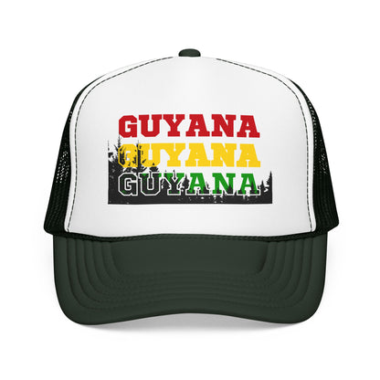 Guyana Retro Trucker Hat — Distressed Red Yellow Green Text Cap