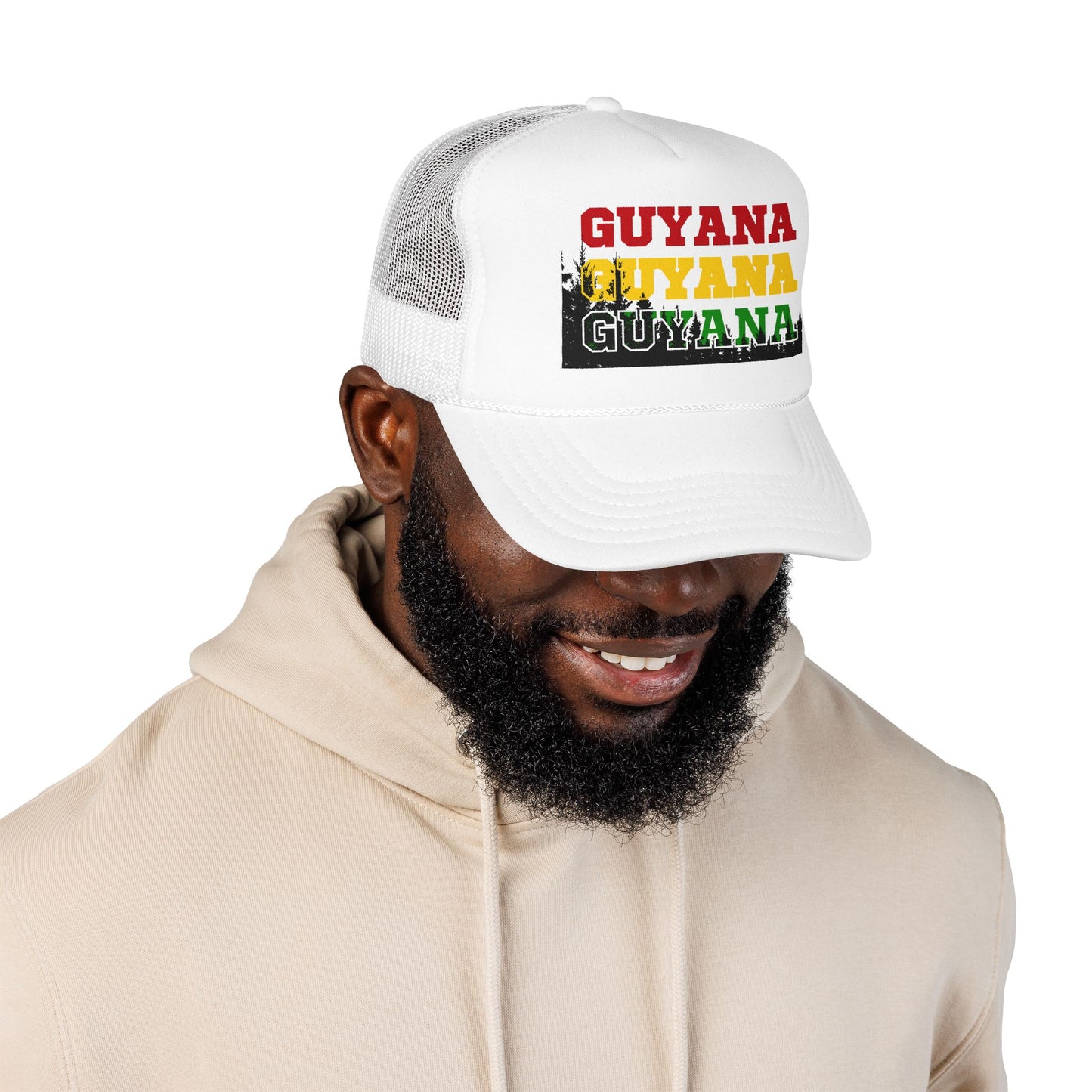 Guyana Retro Trucker Hat — Distressed Red Yellow Green Text Cap
