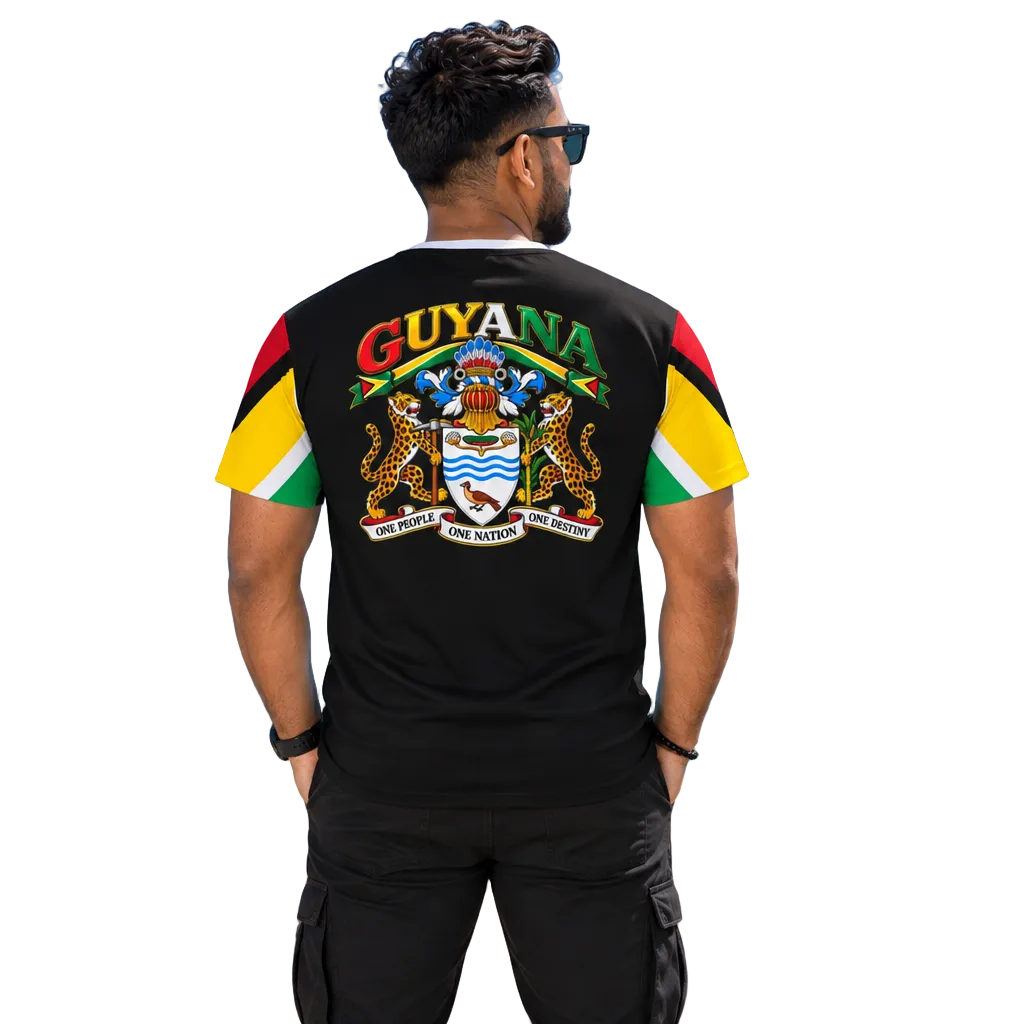 Guyanese Swag All-Over Print Tee — Guyana Flag & Coat of Arms Design