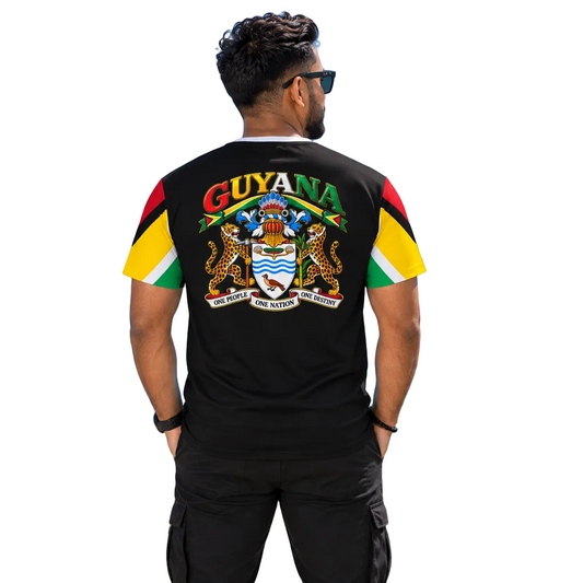 Guyanese Swag All-Over Print Tee — Guyana Flag & Coat of Arms Design