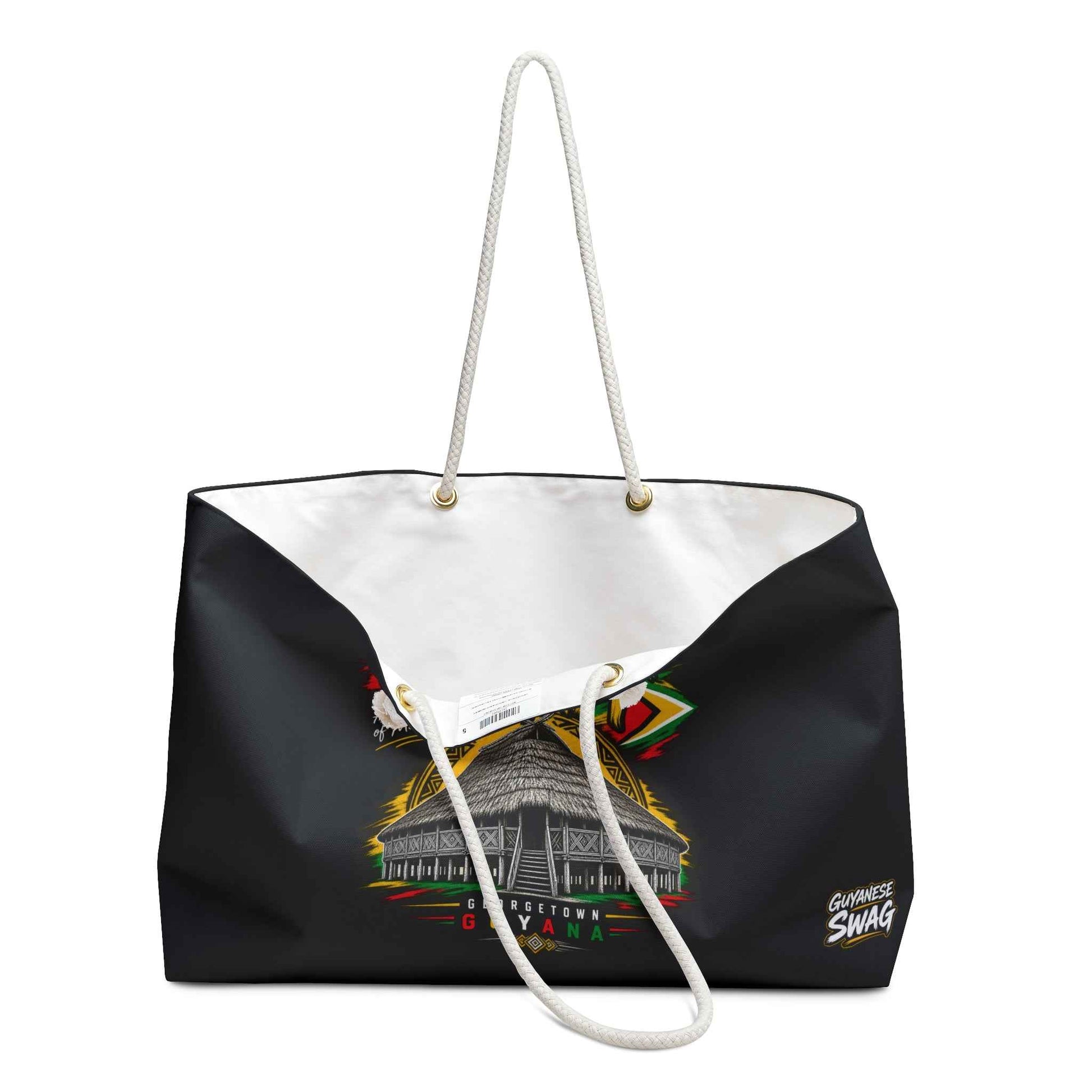 Umana Yana Guyana Weekender Bag – Black Tote with Indigenous Hut Graphic