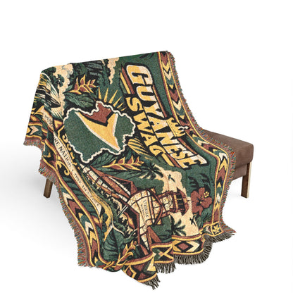 Guyana map and waterfall woven throw blanket detail