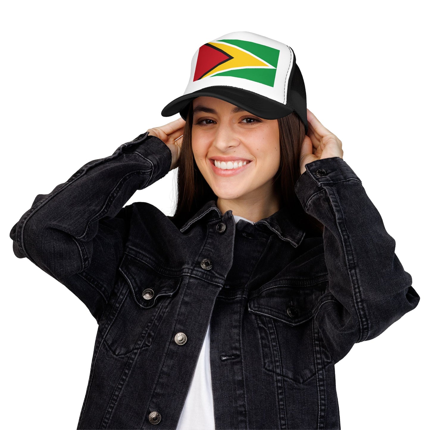 Guyana Flag Trucker Hat — Foam Mesh Cap with Retro Distressed Flag Design