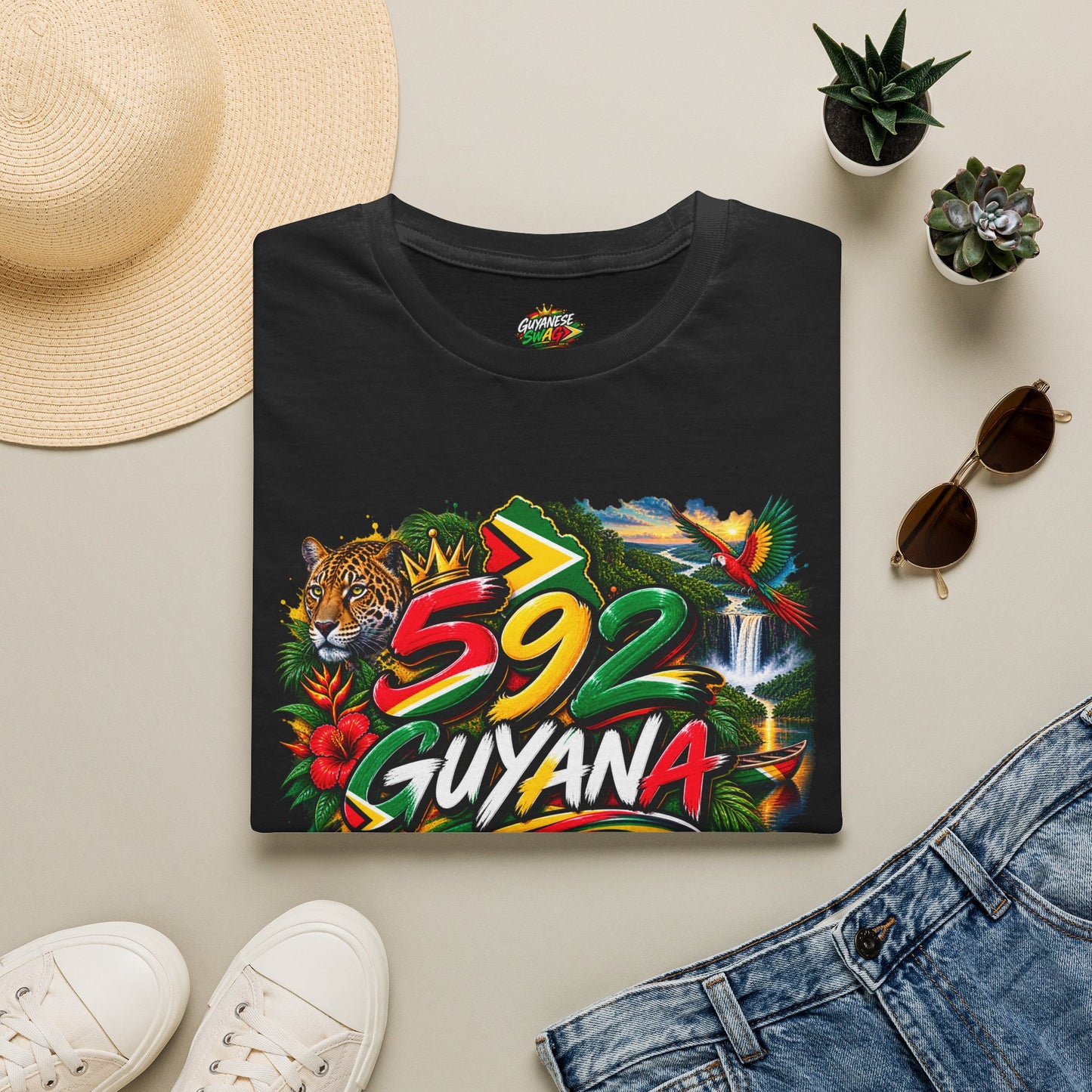 Guyana 592 Tropical Graphic T-Shirt – Tiger, Waterfall & Floral Island Pride