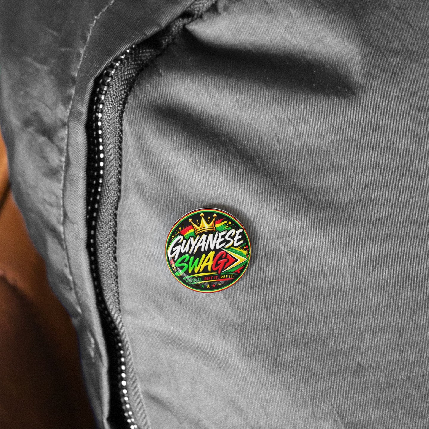 Guyanese Swag Round Pin – Bold Flag Colors & Crown Button Badge