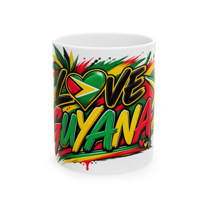 Love Guyana Ceramic Mug – Colorful Guyanese Flag Heart Coffee Cup (11oz, 15oz)