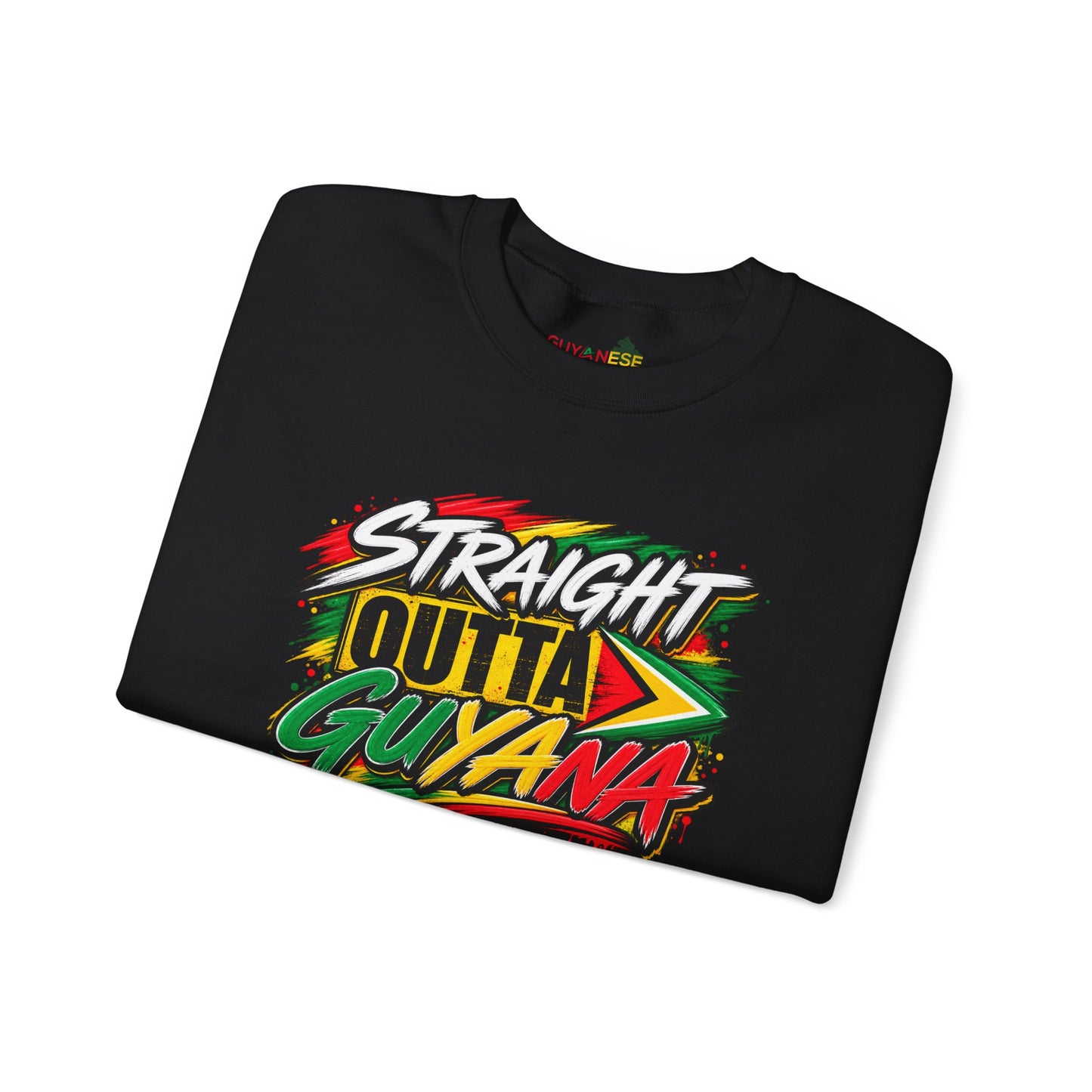 Crewneck Sweatshirt — “Straight Outta Guyana” Graphic with Guyanese Flag Sleeve Accents