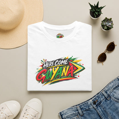 Guyana Pride T-Shirt — "Here Come Guyana" Colorful Island Graphic Tee