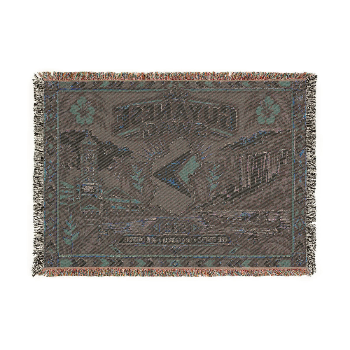 Guyana woven blanket with colorful fringe and cultural artwork