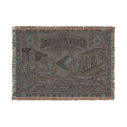 Guyana woven blanket with colorful fringe and cultural artwork