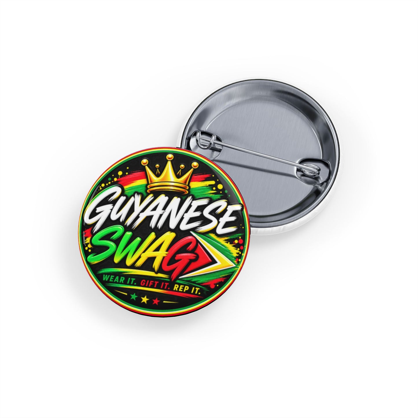 Guyanese Swag Round Pin – Bold Flag Colors & Crown Button Badge