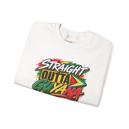 Crewneck Sweatshirt — “Straight Outta Guyana” Graphic with Guyanese Flag Sleeve Accents