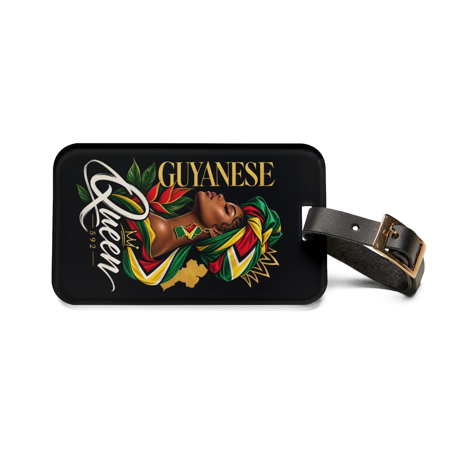 Guyanese Queen Luggage Tag — Black Travel ID Tag with Afrocentric Crown Design