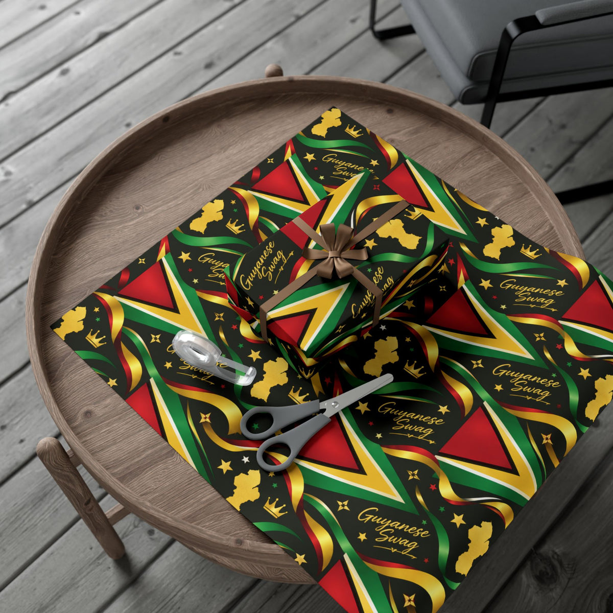 Guyanese gift wrap with Golden Arrowhead flag pattern