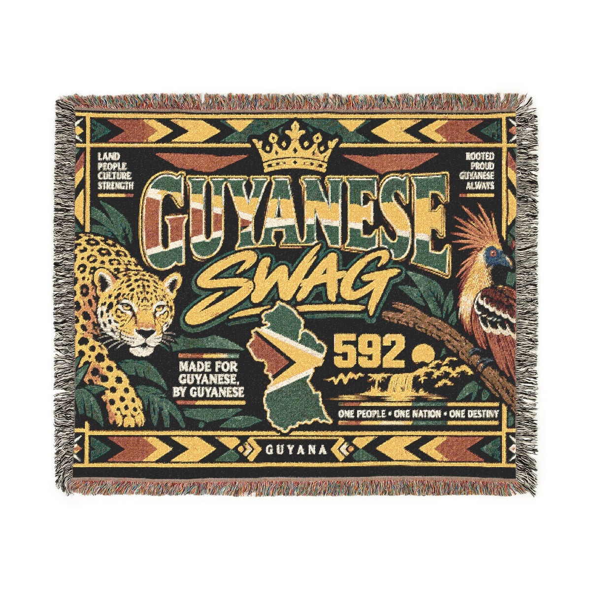 Guyanese woven blanket with jaguar artwork and colorful fringe