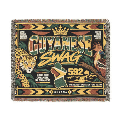 Guyanese woven blanket with jaguar artwork and colorful fringe