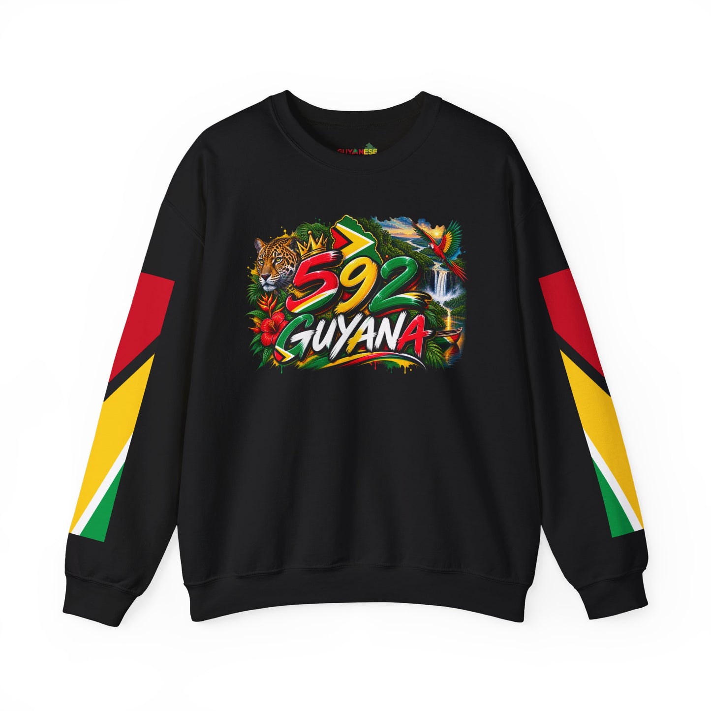 Guyana 592 Crewneck Sweatshirt – Tropical Jaguar & Flag Sleeve Design