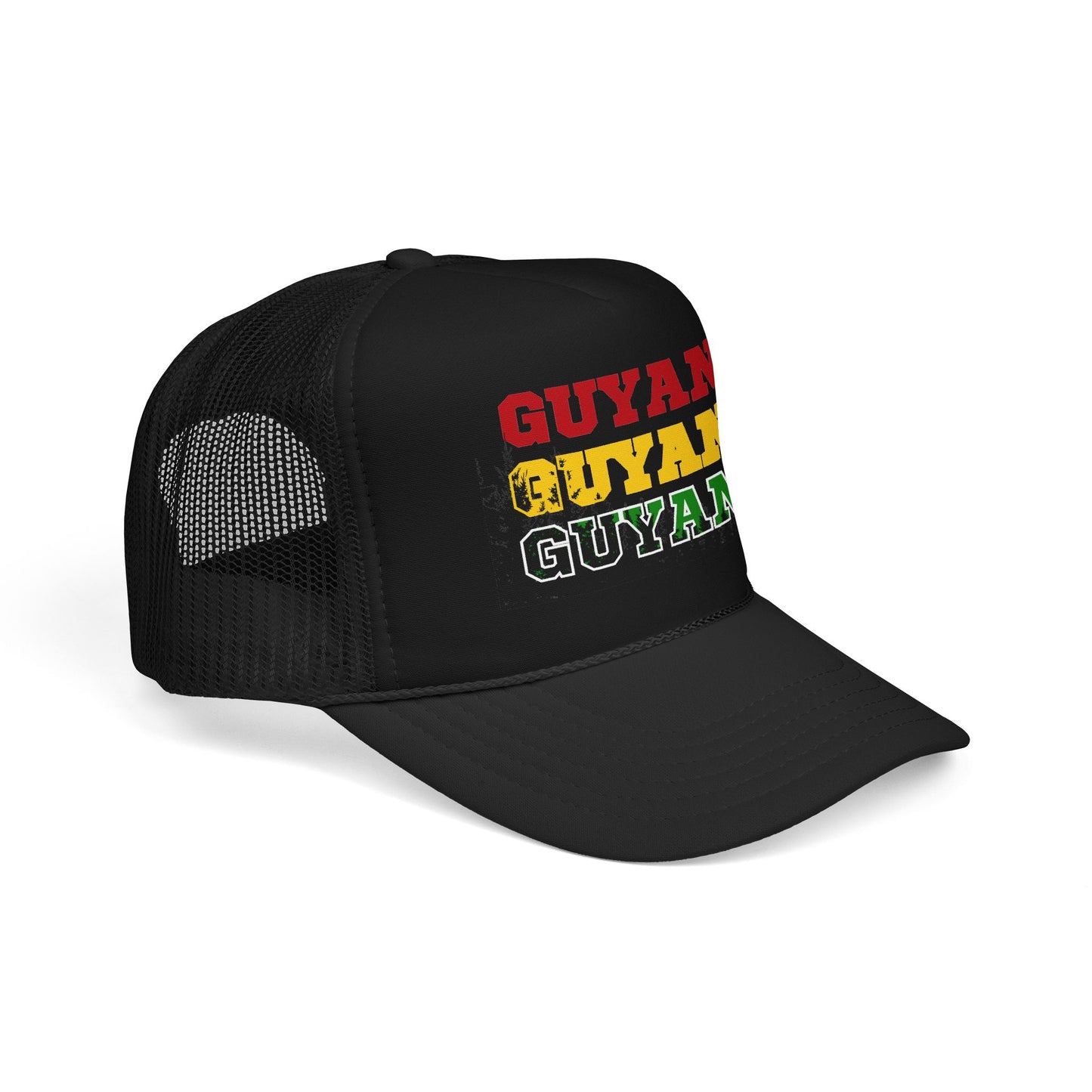Guyana Retro Trucker Hat — Distressed Red Yellow Green Text Cap