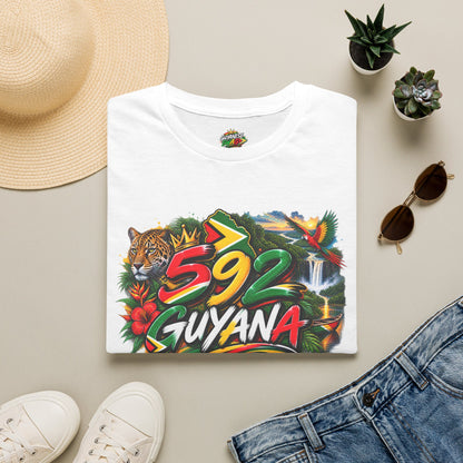 Guyana 592 Tropical Graphic T-Shirt – Tiger, Waterfall & Floral Island Pride